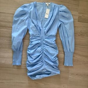 Privy Blue Ruched Puff Sleeve Dress Small
